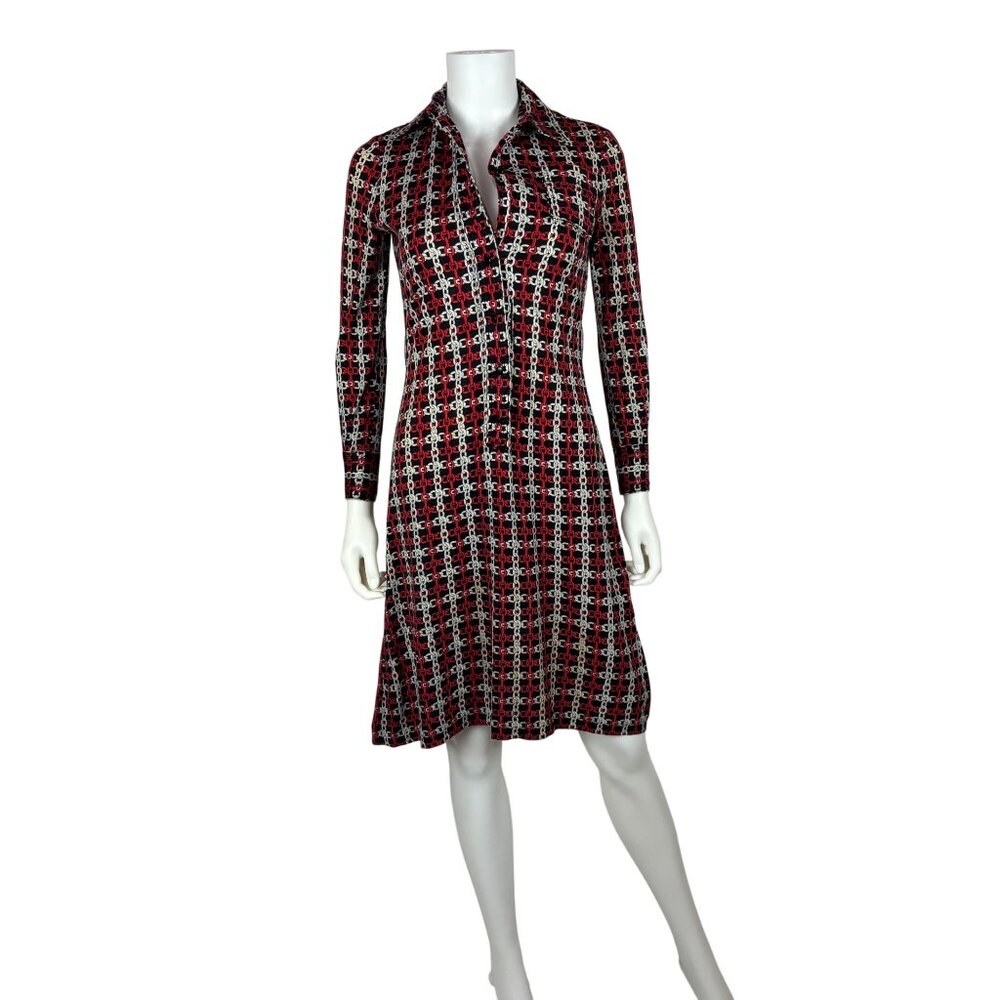 Vintage 70s Chain Dress Womens XS Link Novelty Print Collared Shirtdress